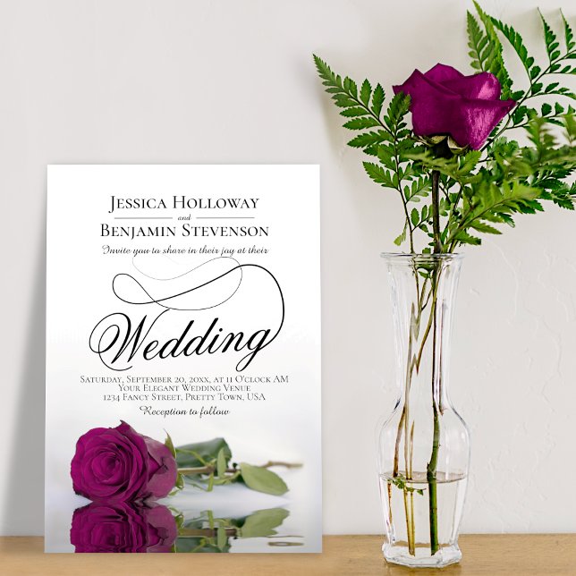 Elegant Cassis Purple Rose Classy Script Wedding Invitation (Creator Uploaded)