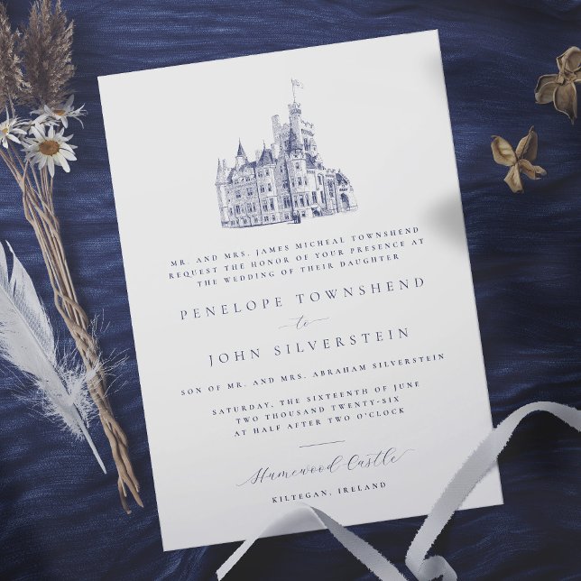 Elegant Castle Illustration Formal Wedding Invitation (Elegant white formal wedding invitation with an illustration of a castle)
