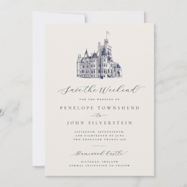 Elegant Castle Illustration Ivory Weekend Wedding Save The Date (Front)