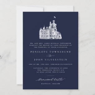 Elegant Castle Illustration Navy Formal Wedding Invitation