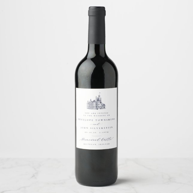 Elegant Castle Illustration Wedding Invitation Wine Label (Front)