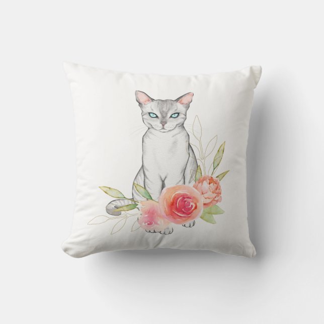 Elegant Cat and Flowers  Cushion (Front)