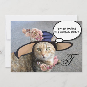 ELEGANT CAT,BIG DIVA HAT AND ROSES BIRTHDAY PARTY INVITATION