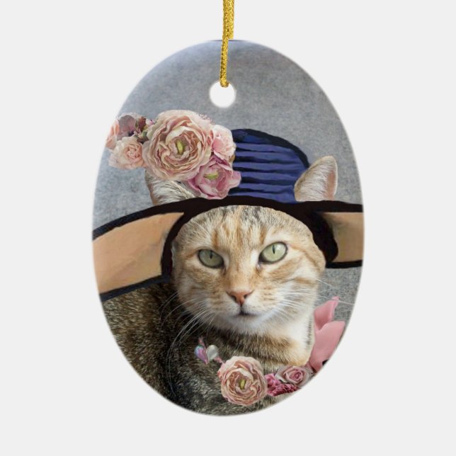 ELEGANT CAT,BIG DIVA HAT,ROSES Valentine Souvenir Ceramic Tree Decoration (Front)