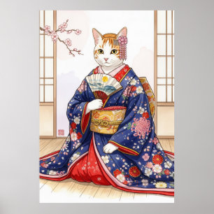 Elegant Cat in Traditional Japanese Kimono Cute Poster