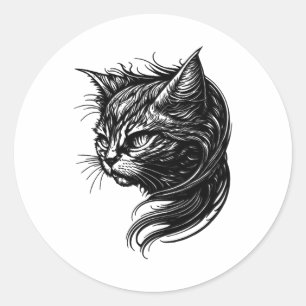 Elegant Cat In Vintage Tattoo Style Classic Round Sticker