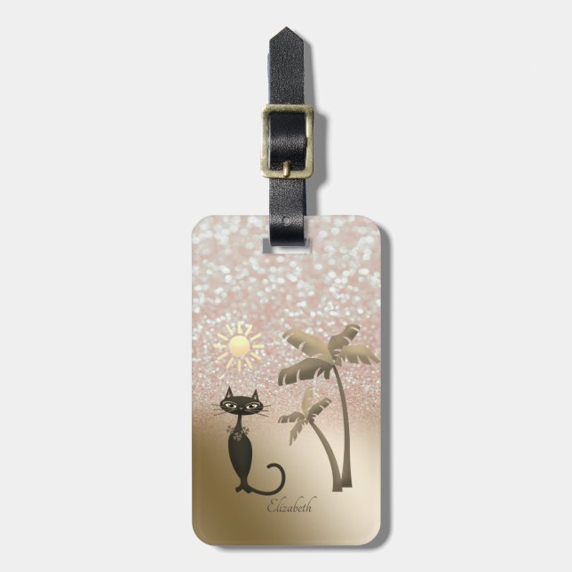 Elegant Cat, Palms, Glitter Bokeh - Personalised Luggage Tag (Front Vertical)
