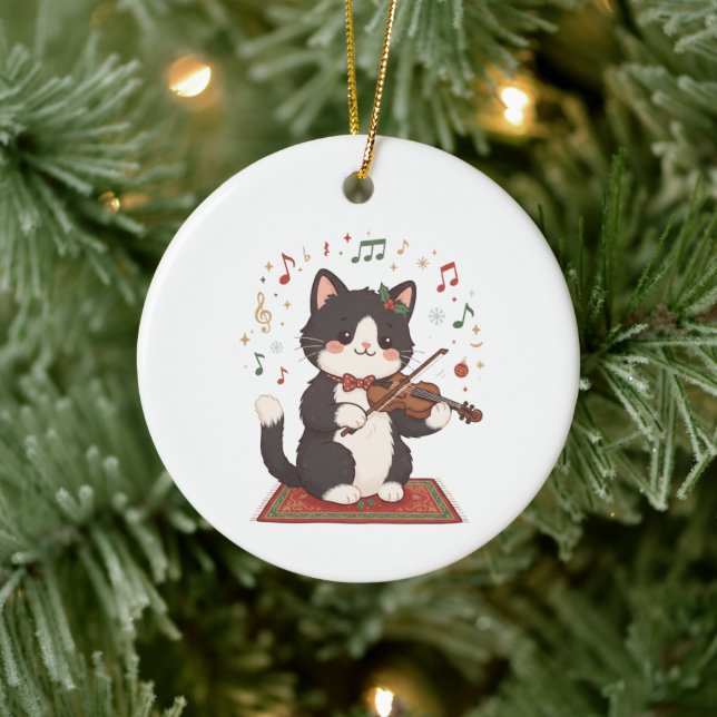Elegant Cat Playing Violin Christmas  Ceramic Tree Decoration (Tree)