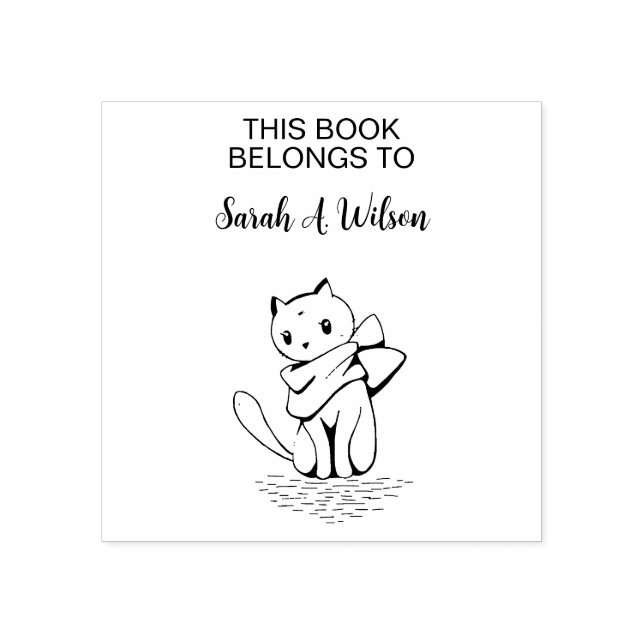 Elegant Cat Scarf Book Belongs Personalised Book Rubber Stamp (Imprint)