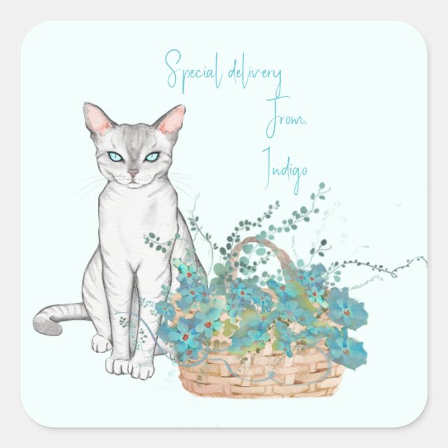 Elegant Cat with Flower Basket Stickers or Labels (Front)