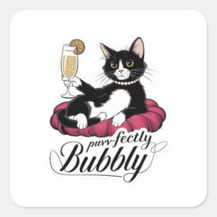 Elegant Cat with French 75 Cocktail – Classy & Sas Square Sticker