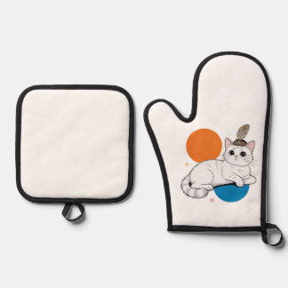 Elegant Cat with Peacock Feather Headdress Oven Mitt & Pot Holder Set