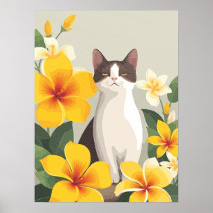 Elegant Cat with Yellow Plumeria Flowers Poster