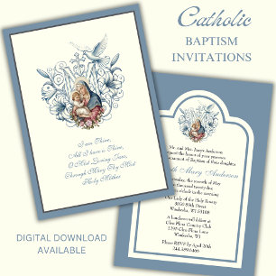 Elegant Catholic Baptism Mary Jesus Blue Invitation