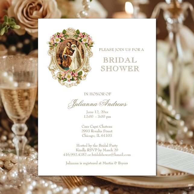 Elegant Catholic Bridal Shower Floral Gold  Invitation (Creator Uploaded)