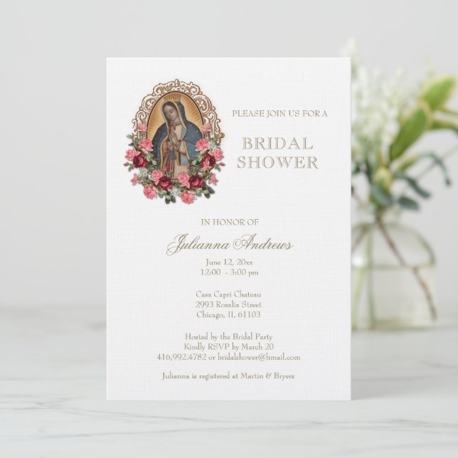 Elegant Catholic Bridal Shower Guadalupe Roses Invitation (Standing Front)