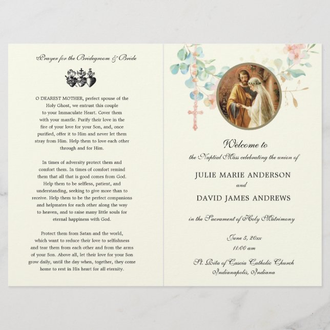 Elegant Catholic Eucalyptus Mass Wedding Program (Front)