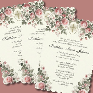 Elegant Catholic Floral Pink Roses Baptism Invitation