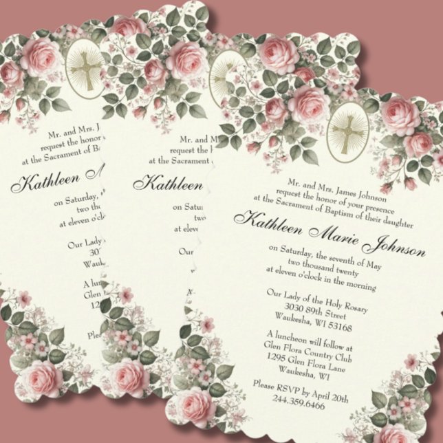 Elegant Catholic Floral Pink Roses Baptism Invitation (Creator Uploaded)