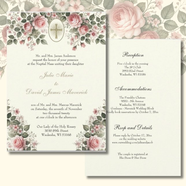 Elegant Catholic Floral Wedding and Reception  Invitation (Creator Uploaded)