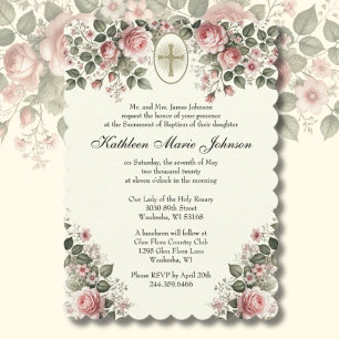 Elegant Catholic Floral Wedding and Reception Invitation