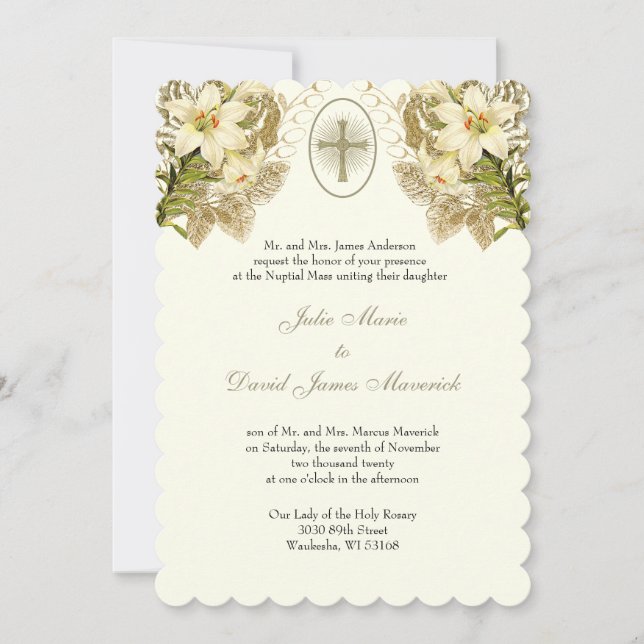 Elegant Catholic Floral Wedding and Reception  Invitation (Front)
