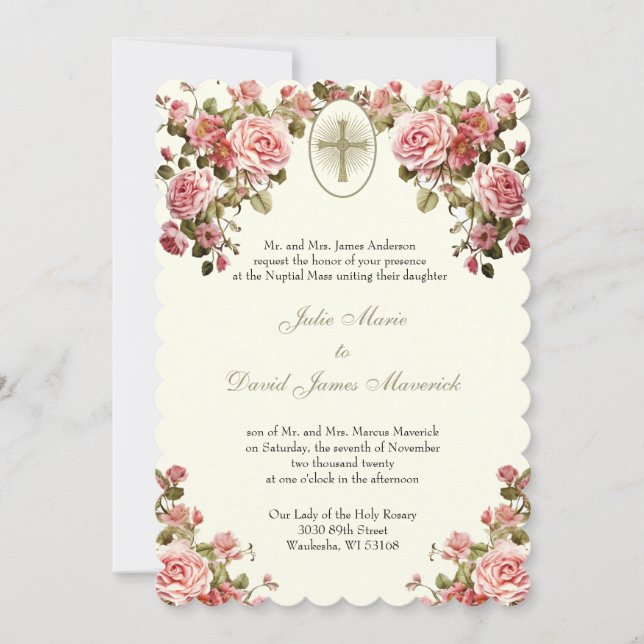 Elegant Catholic Floral Wedding and Reception  Invitation (Front)