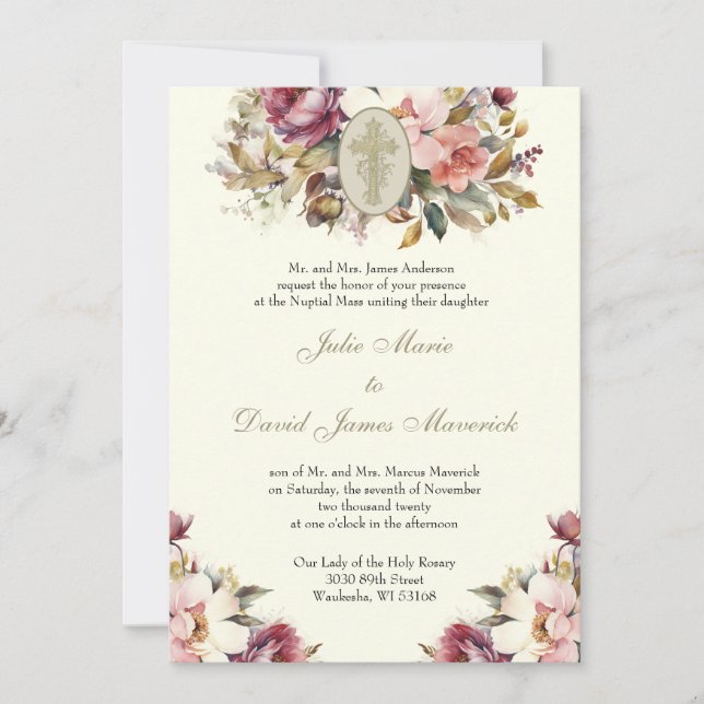 Elegant Catholic Floral Wedding and Reception  Invitation (Front)