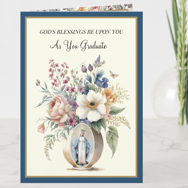 Elegant Catholic Graduation Virgin Mary Flowers  Card (Creator Uploaded)