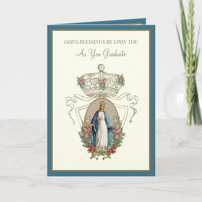 Elegant Catholic Graduation Virgin Mary Roses Card (Front)