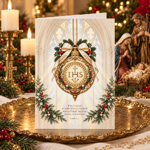 Elegant Catholic IHS Ornament, Luke 2:11 Floral Holiday Card