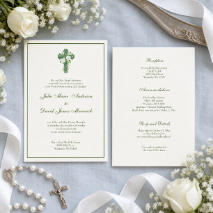Elegant Catholic Irish Celtic Cross Ivory Wedding Invitation
