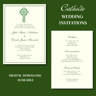 Elegant Catholic Irish Celtic Cross Ivory Wedding Invitation