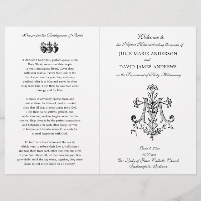 Elegant Catholic Latin Mass Wedding Marian Program (Front)