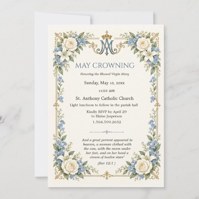 Elegant Catholic May Crowning Marian Monogram  Invitation (Front)