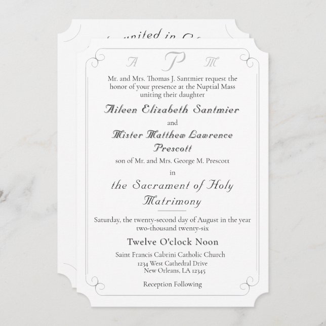 Elegant Catholic Monogrammed Wedding Invitation (Front/Back)