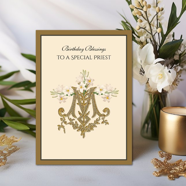 Elegant Catholic Priest Gold Marian Cross Lilies Card (Available exclusively through the Shower of Roses Shoppe - )