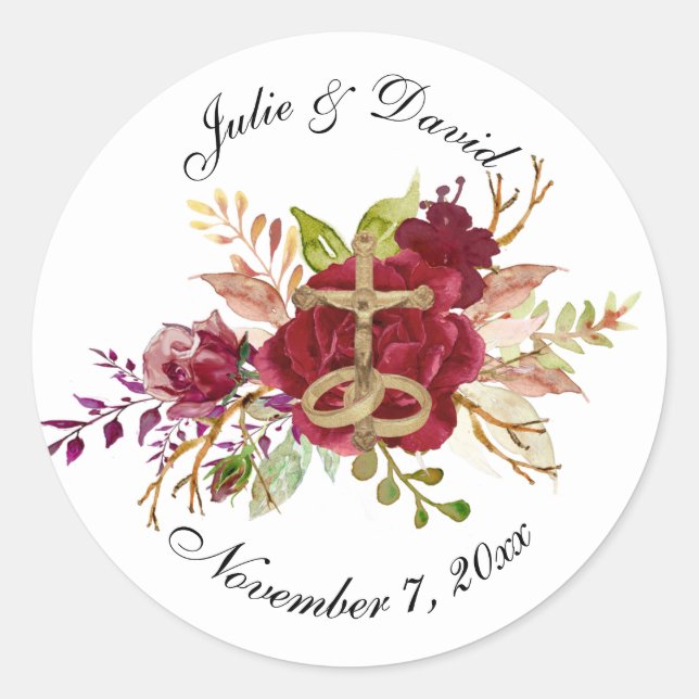 Elegant Catholic Red Roses Wedding Label (Front)