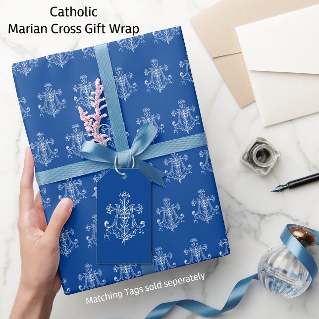 Elegant Catholic Virgin Mary White Marian Cross  Wrapping Paper (Traditional Catholic Marian Cross Gift Wrap - Matching Tags sold seperately)
