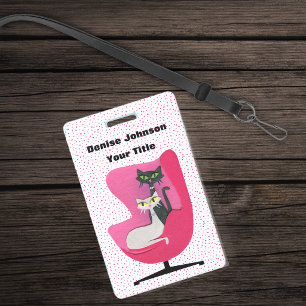 Elegant Cats in Mid Century Pink Chair Polka Dots ID Badge