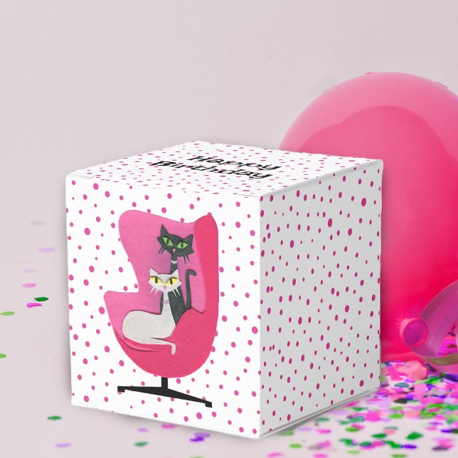 Elegant Cats Mid Century Chair Polka Dots Birthday Favour Box (Elegant black and white cats sitting in pink chair on white with pink polka dots favor or gift box.)