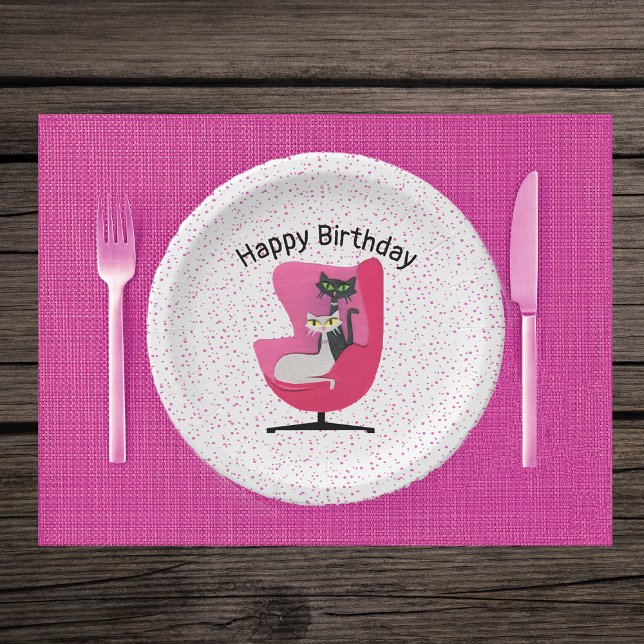 elegant Cats Pink Chair Dots Mid Century Theme Paper Plate (Two elegant mid century style cats in pink chair on white with pink dots Birthday paper party plates)