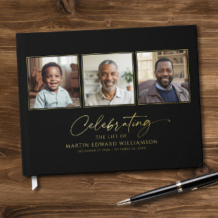 Elegant Celebrating The Life 3 Photos Funeral Guest Book