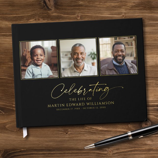 Elegant Celebrating The Life 3 Photos Funeral Guest Book (Creator Uploaded)