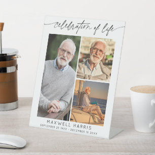 Elegant Celebration of Life Photo 3 Collage Script Pedestal Sign