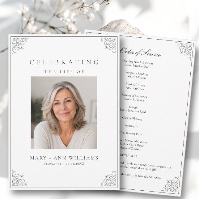 Elegant Celebration of Life Photo Funeral Program Invitation (Elegant Celebration of Life Photo White and Black Funeral Program)