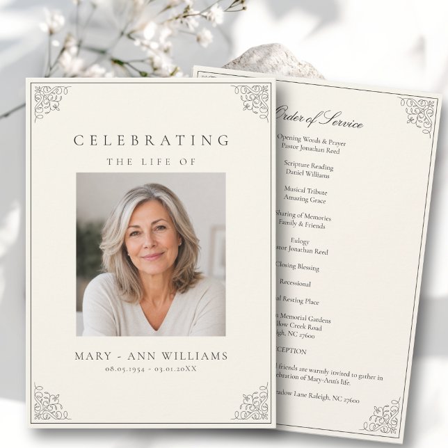 Elegant Celebration of Life Photo Funeral Program Invitation (Elegant Celebration of Life Photo Beige Funeral Program)