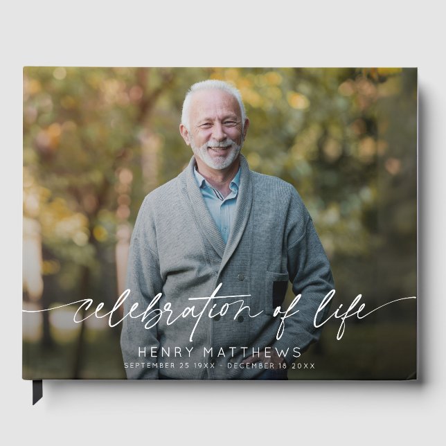 Elegant Celebration of Life Script Photo Funeral  Guest Book (Front)