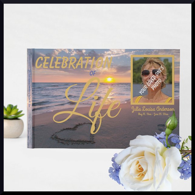 Elegant Celebration Of Life Sunset Ocean Photo Guest Book (Creator Uploaded)