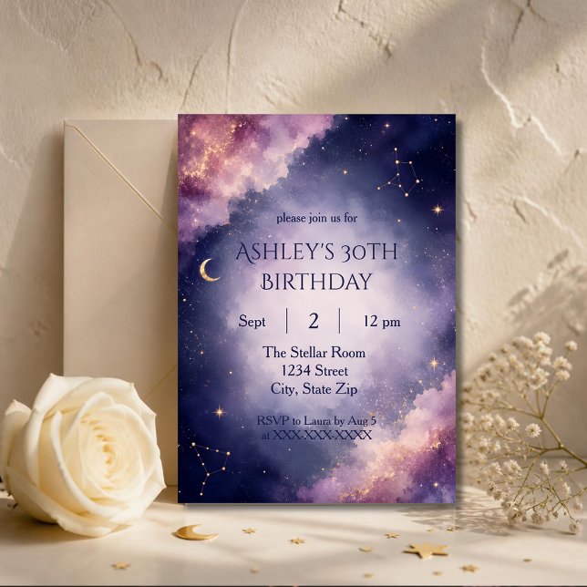 Elegant Celestial 30th Birthday Invitation (Elegant lavender galaxy invitation personalized for a stylish 30th birthday celebration.)